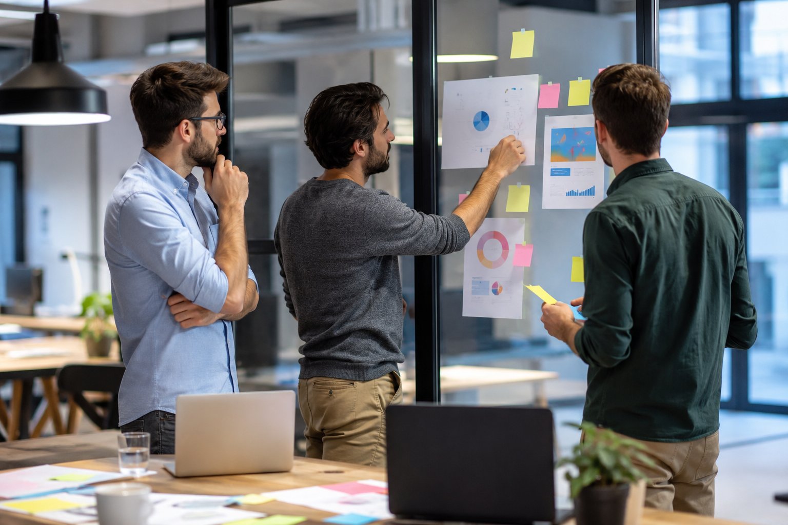 Marketing team reviewing digital strategy and performance data